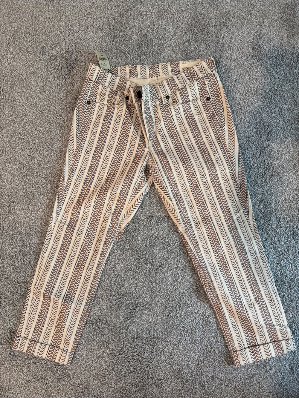 LOFT Cuffed Crop Pants in Cream and Brown Chevron